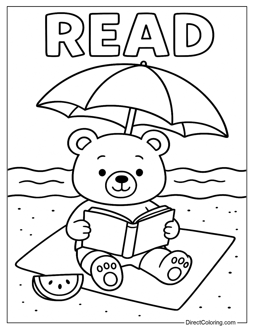 A coloring page of a bear cub reading a book under a beach umbrella, with the word 